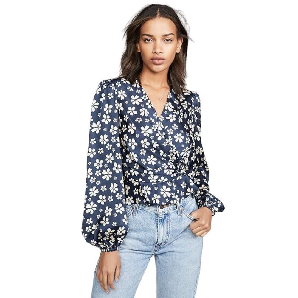 Jill Jill Stuart Marianne Top Floral Balloon Sleeve Peplum Wrap Blouse Blue 0